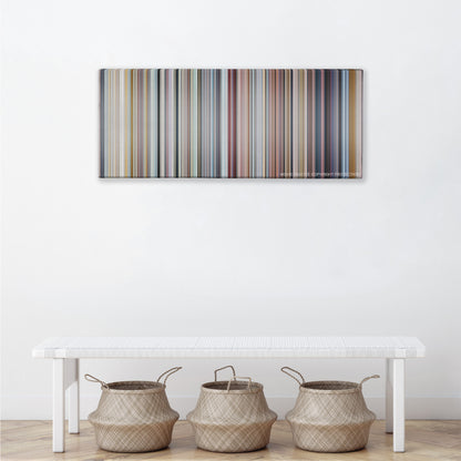 Love Actually color palette canvas above a white bench with three woven baskets