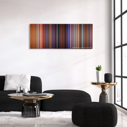 Once Upon a Time in the West color palette canvas above a black sofa with a gold-topped table