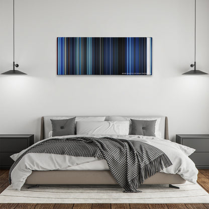 Resident Evil color palette canvas above a bed, between two black pendant lamps