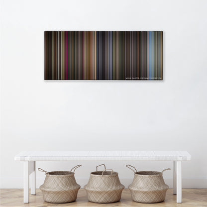 The Gentlemen color palette canvas above a white bench with three woven baskets