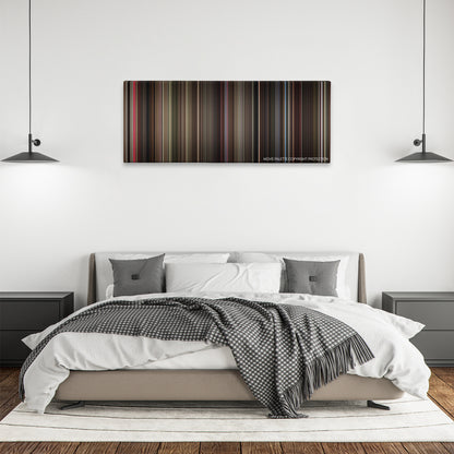 Three Colors: Red color palette canvas above a bed, between two black pendant lamps