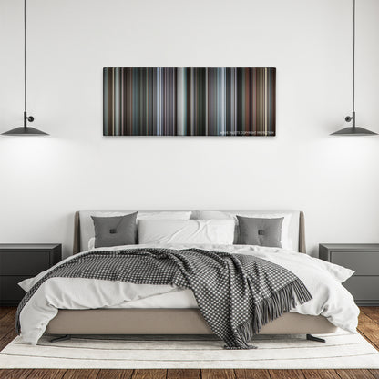 Three Colors: White color palette canvas above a bed, between two black pendant lamps