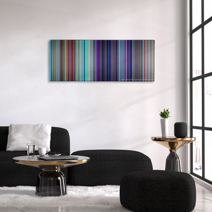 Shark Tale color palette canvas above a black sofa with a gold-topped table