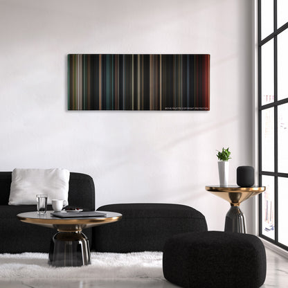 Evil Dead color palette canvas above a black sofa with a gold-topped table