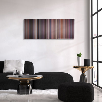 The Fugitive color palette canvas above a black sofa with a gold-topped table