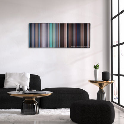 Mary Poppins color palette canvas above a black sofa with a gold-topped table