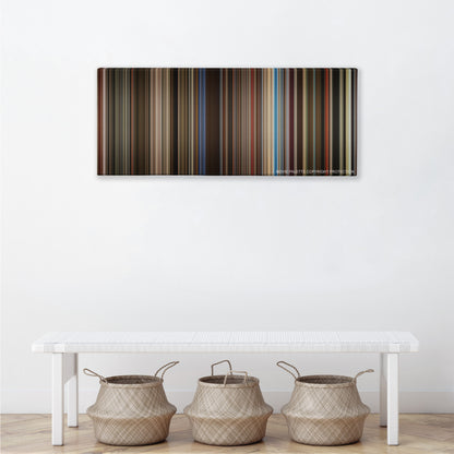 Rocketman color palette canvas above a white bench with three woven baskets