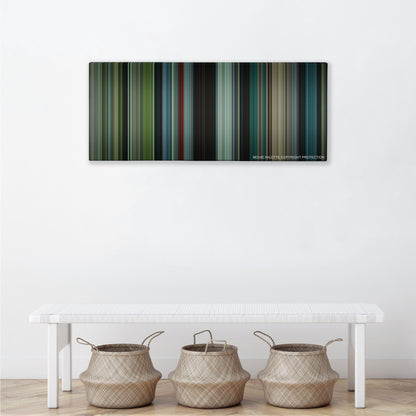 Okja color palette canvas above a white bench with three woven baskets