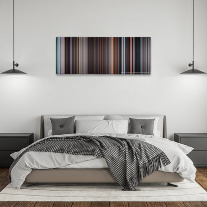 Eternal Sunshine of the Spotless Mind color palette canvas above a bed, between two black pendant lamps