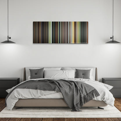 Stardust color palette canvas above a bed, between two black pendant lamps