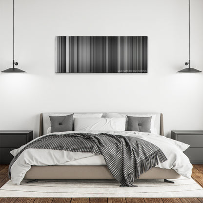 Dr. Strangelove color palette canvas above a bed, between two black pendant lamps