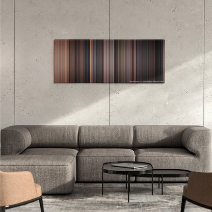 Rear Window color palette canvas on a concrete wall above a gray sectional sofa