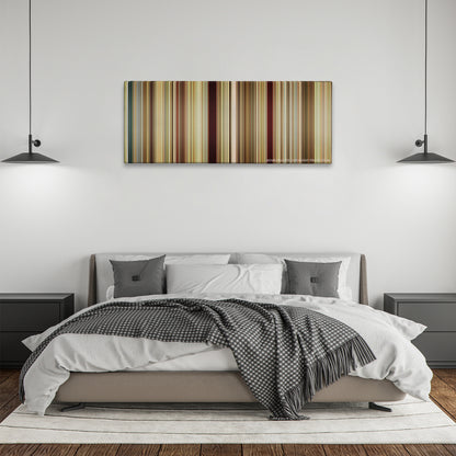 Run Lola Run color palette canvas above a bed, between two black pendant lamps