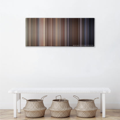 Dog Day Afternoon color palette canvas above a white bench with three woven baskets