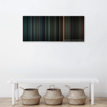 Dawn of the Planet of the Apes color palette canvas above a white bench with three woven baskets