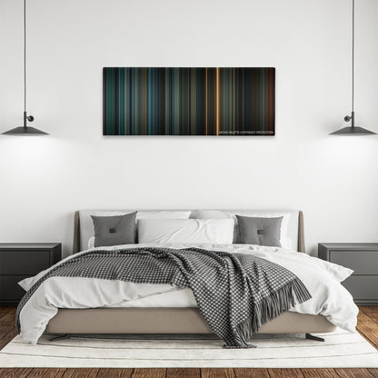 Dawn of the Planet of the Apes color palette canvas above a bed, between two black pendant lamps