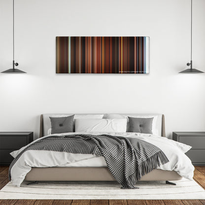 This Is the End color palette canvas above a bed, between two black pendant lamps