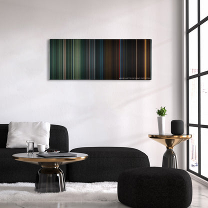 Predators color palette canvas above a black sofa with a gold-topped table