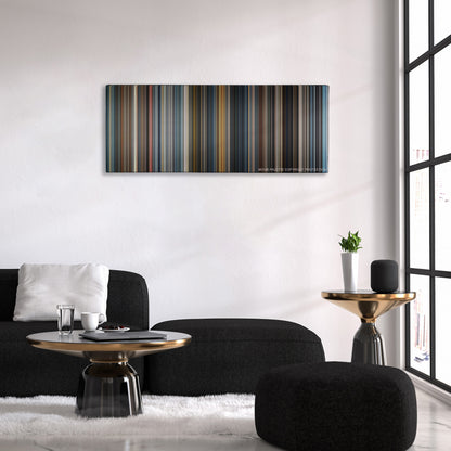 Munich color palette canvas above a black sofa with a gold-topped table