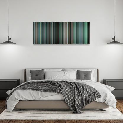 The Bourne Ultimatum color palette canvas above a bed, between two black pendant lamps