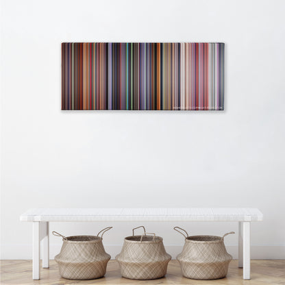Akira color palette canvas above a white bench with three woven baskets