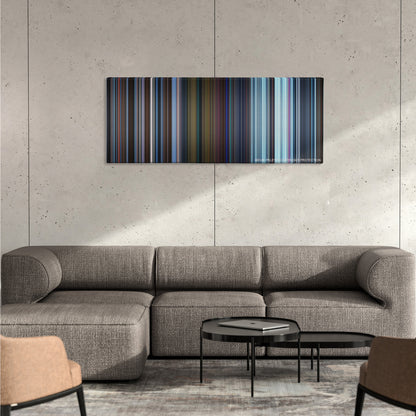Charlie and the Chocolate Factory color palette canvas on a concrete wall above a gray sectional sofa