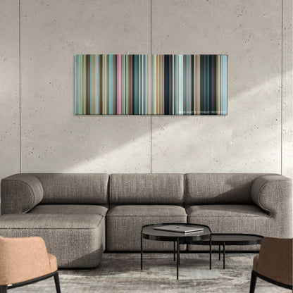 Friends with Benefits color palette canvas on a concrete wall above a gray sectional sofa