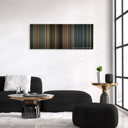 Panic Room color palette canvas above a black sofa with a gold-topped table