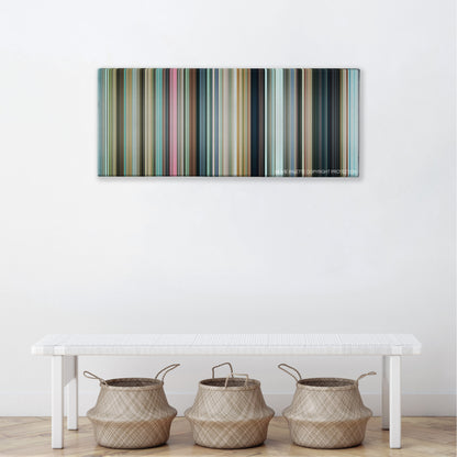 Friends with Benefits color palette canvas above a white bench with three woven baskets