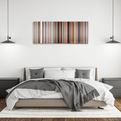 Borat color palette canvas above a bed, between two black pendant lamps