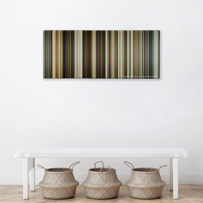About Time color palette canvas above a white bench with three woven baskets