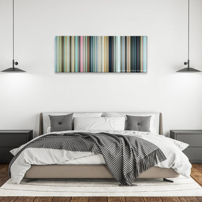 Friends with Benefits color palette canvas above a bed, between two black pendant lamps