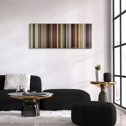 Yesterday color palette canvas above a black sofa with a gold-topped table