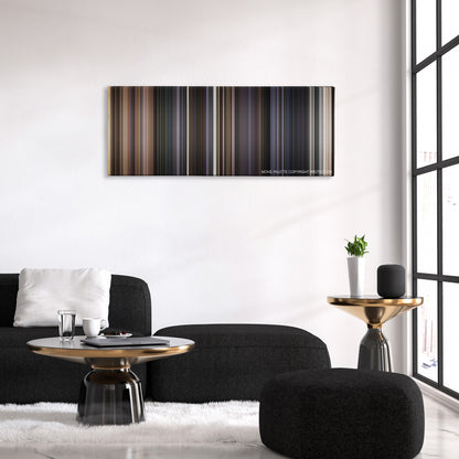 The Lone Ranger color palette canvas above a black sofa with a gold-topped table