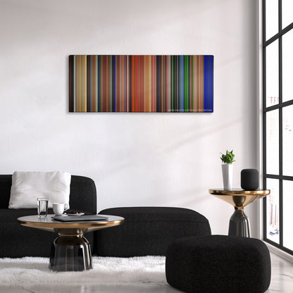 Ghostbusters color palette canvas above a black sofa with a gold-topped table