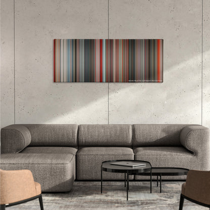 Total Recall color palette canvas on a concrete wall above a gray sectional sofa