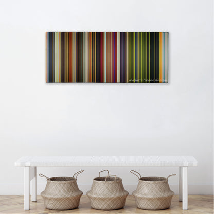 Raging Bull color palette canvas above a white bench with three woven baskets