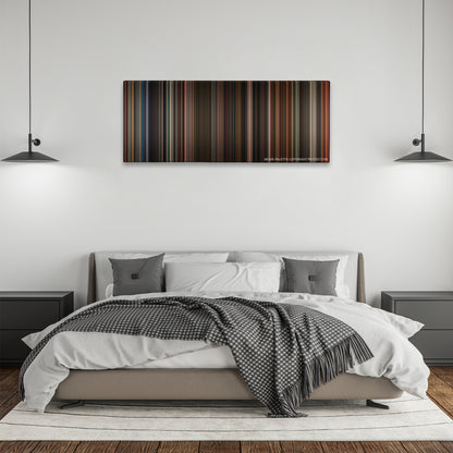 The Greatest Showman color palette canvas above a bed, between two black pendant lamps