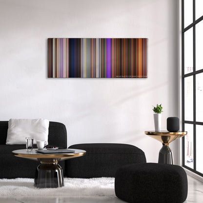 Toy Story 4 color palette canvas above a black sofa with a gold-topped table