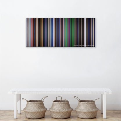 La La Land color palette canvas above a white bench with three woven baskets
