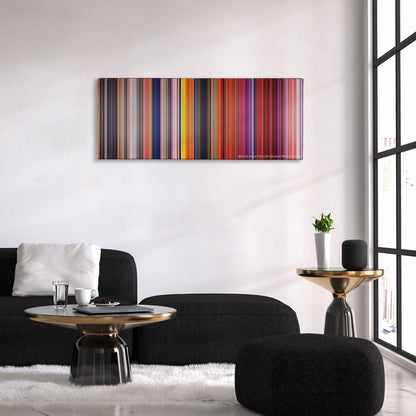 Cloudy with a Chance of Meatballs color palette canvas above a black sofa with a gold-topped table