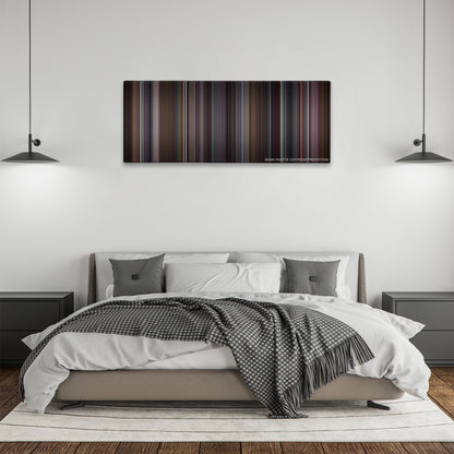 The Sixth Sense color palette canvas above a bed, between two black pendant lamps