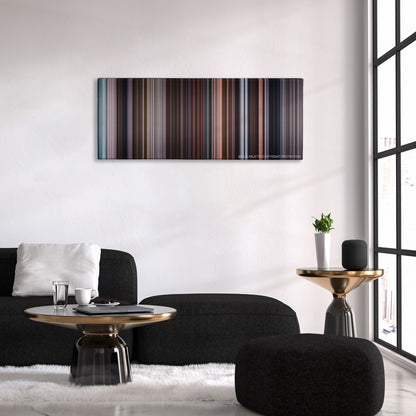 Eternal Sunshine of the Spotless Mind color palette canvas above a black sofa with a gold-topped table