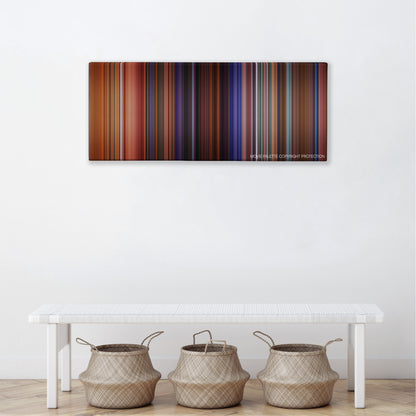Once Upon a Time in the West color palette canvas above a white bench with three woven baskets