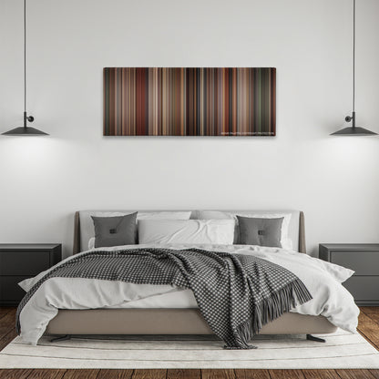 500 Days of Summer color palette canvas above a bed, between two black pendant lamps