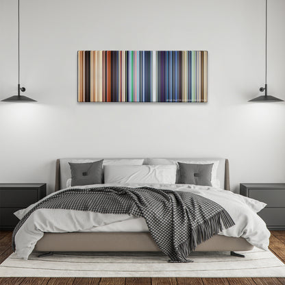 WALL*E color palette canvas above a bed, between two black pendant lamps