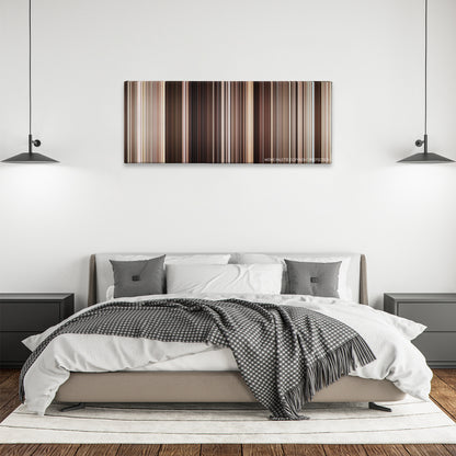 The Mummy Returns color palette canvas above a bed, between two black pendant lamps