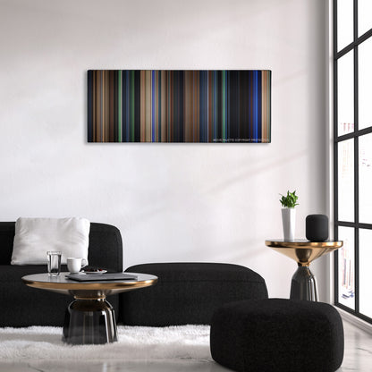 Daredevil color palette canvas above a black sofa with a gold-topped table