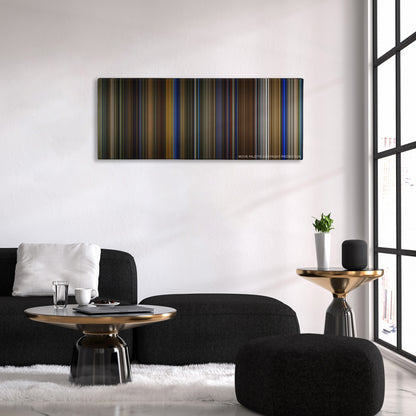 Birdman or (The Unexpected Virtue of Ignorance) color palette canvas above a black sofa with a gold-topped table