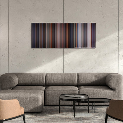E.T. the Extra-Terrestrial color palette canvas on a concrete wall above a gray sectional sofa